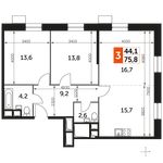 Планировка 3-комнатной квартиры, 75,8 м2
