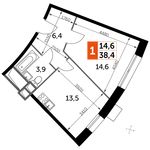 Планировка 1-комнатной квартиры, 38,4 м2