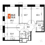Планировка 3-комнатной квартиры, 72 м2