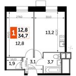 Планировка 1-комнатной квартиры, 34,7 м2