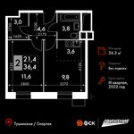 Планировка 2-комнатной квартиры, 36,3 м2