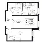 Планировка 2-комнатной квартиры, 53,1 м2