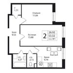 Планировка 2-комнатной квартиры, 53,2 м2