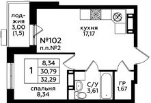 Планировка 1-комнатной квартиры, 32,2 м2