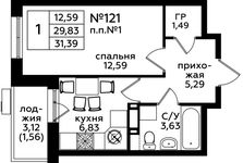 Планировка 1-комнатной квартиры, 30,7 м2