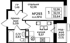 Планировка 1-комнатной квартиры, 33,4 м2