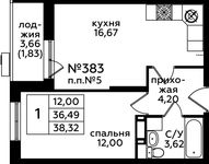 Планировка 1-комнатной квартиры, 38,3 м2