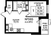 Планировка 1-комнатной квартиры, 32,9 м2