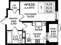 Планировка 1-комнатной квартиры, 36,5 м2