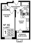 Планировка 1-комнатной квартиры, 34,5 м2
