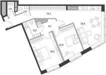 Планировка 2-комнатной квартиры, 73,2 м2