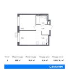 Планировка 2-комнатной квартиры, 33,5 м2
