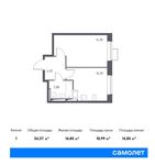 Планировка 1-комнатной квартиры, 34,37 м2