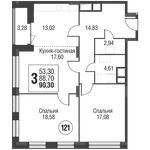 Планировка 3-комнатной квартиры, 90,1 м2