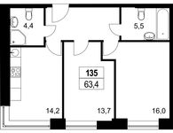 Планировка 2-комнатной квартиры, 63,6 м2