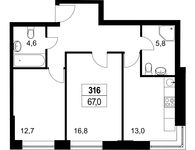 Планировка 2-комнатной квартиры, 67,2 м2