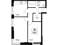 Планировка 2-комнатной квартиры, 64,1 м2