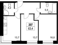 Планировка 2-комнатной квартиры, 63,6 м2
