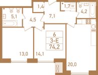 Планировка 3-комнатной квартиры, 75,6 м2