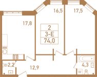 Планировка 3-комнатной квартиры, 74,9 м2