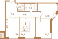 Планировка 3-комнатной квартиры, 88,8 м2
