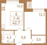 Планировка 1-комнатной квартиры, 42,7 м2