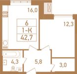 Планировка 1-комнатной квартиры, 43,4 м2