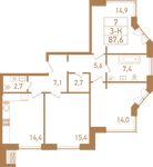 Планировка 3-комнатной квартиры, 91,1 м2
