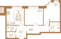 Планировка 2-комнатной квартиры, 59,4 м2