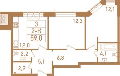 Планировка 2-комнатной квартиры, 60,3 м2