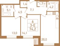 Планировка 3-комнатной квартиры, 74,4 м2