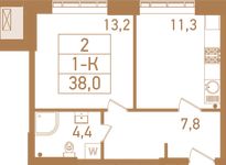Планировка 1-комнатной квартиры, 38,2 м2