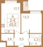 Планировка 2-комнатной квартиры, 45,4 м2