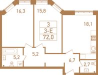 Планировка 3-комнатной квартиры, 74,1 м2