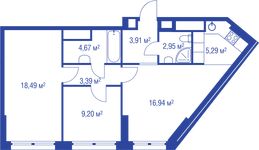 Планировка 3-комнатной квартиры, 64,84 м2