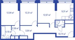 Планировка 3-комнатной квартиры, 71,71 м2