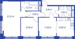 Планировка 3-комнатной квартиры, 74,59 м2
