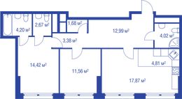 Планировка 3-комнатной квартиры, 77,6 м2