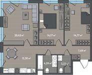 Планировка 3-комнатной квартиры, 76,97 м2