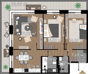 Планировка 3-комнатной квартиры, 77,36 м2