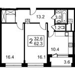 Планировка 2-комнатной квартиры, 64,8 м2