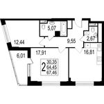 Планировка 2-комнатной квартиры, 68,4 м2
