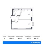 Планировка 1-комнатной квартиры, 34,35 м2