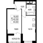 Планировка 1-комнатной квартиры, 44,6 м2