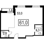 Планировка 2-комнатной квартиры, 61 м2