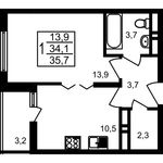 Планировка 1-комнатной квартиры, 35,7 м2