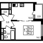 Планировка 1-комнатной квартиры, 34,2 м2