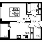 Планировка 1-комнатной квартиры, 35,6 м2
