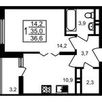 Планировка 1-комнатной квартиры, 36,6 м2