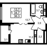 Планировка 1-комнатной квартиры, 36,3 м2